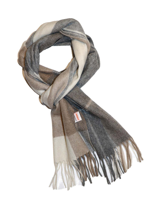 Plaid Cashmere Scarf in beige and grey for women and men cross